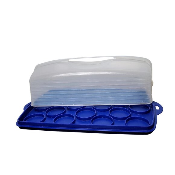 Tupperware Rectangle Bake N Take Cake Cupcake Taker Carrier Blue Clear - Picture 3 of 4